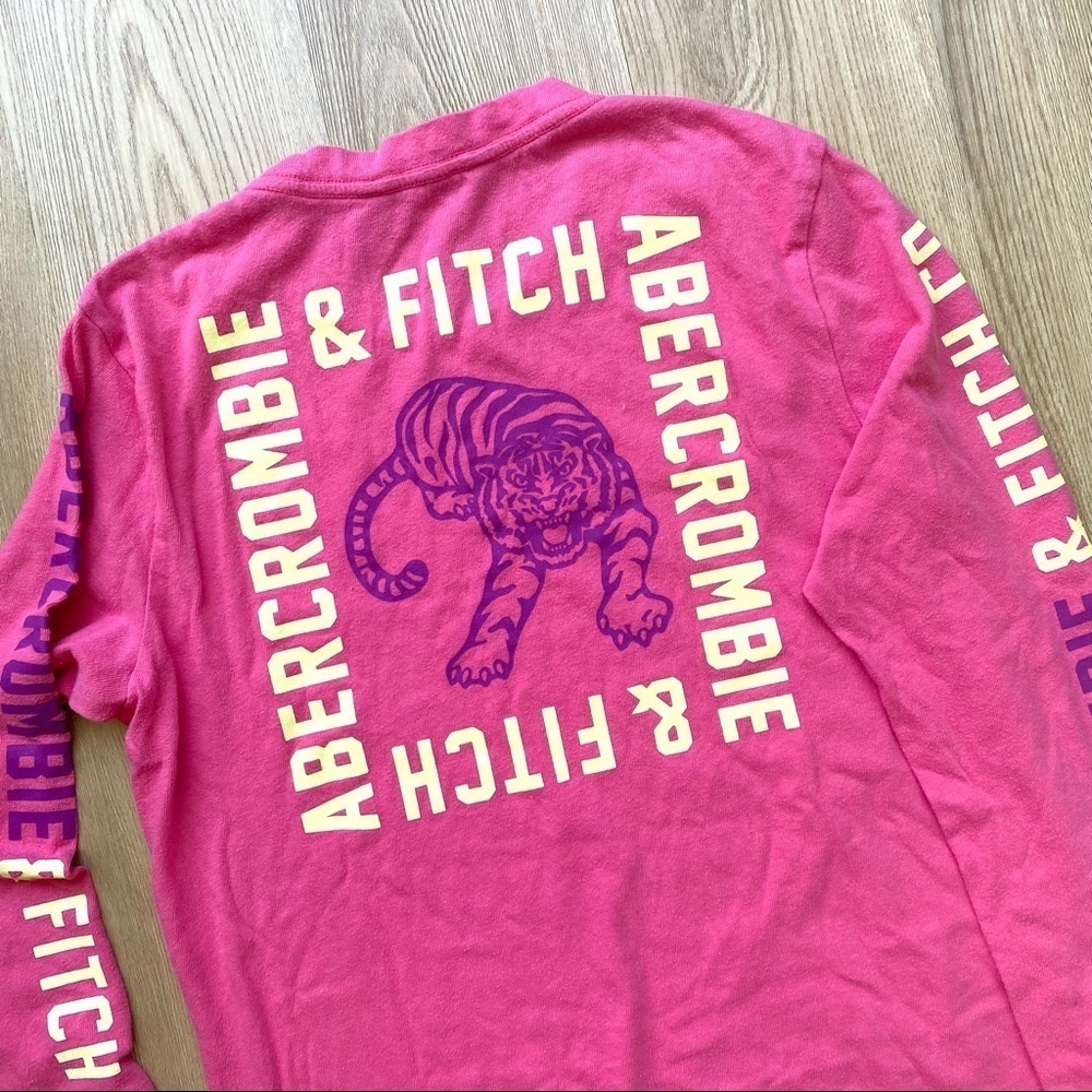 Abercrombie & Fitch Pink Long Sleeve Tiger Graphic Tee | Bright Fall Crewneck - Picture 2 of 6